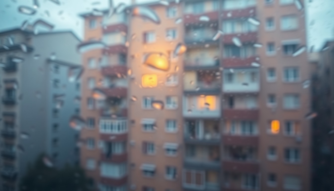 An abstract, impressionistic scene of a residential apartment building obscured by soft, blurred pools of warm light and color, conveying a sense of community and home.