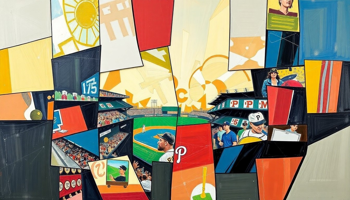 A cubist-style painting depicting a baseball game in motion, with overlapping geometric shapes and planes representing the players, field, and action of the game.