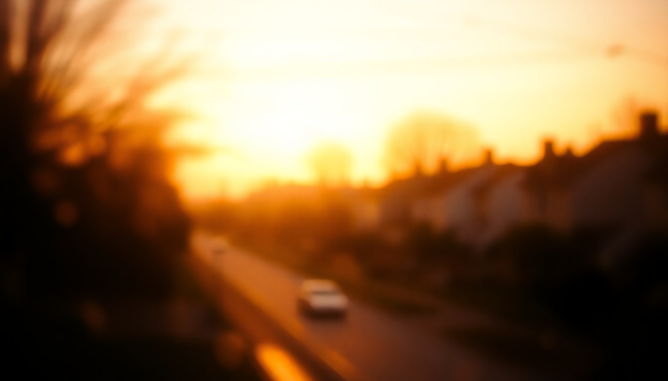 An abstract, impressionistic photograph in soft, warm tones depicting the blurred silhouettes of houses and trees in a residential neighborhood, conveying a sense of tranquility and the intimate details of community life.