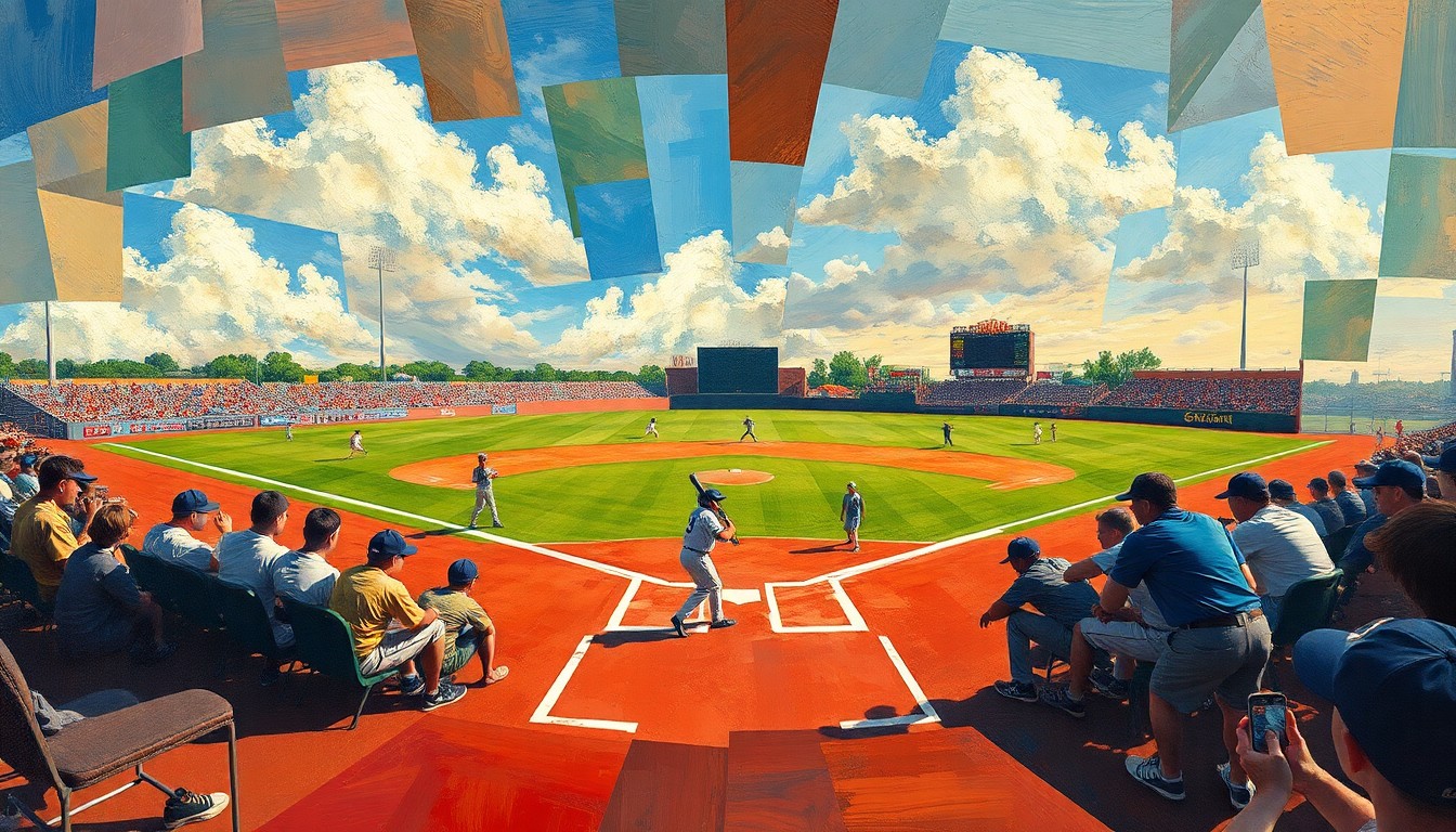A fragmented, geometric painting depicting the dynamic action of a high school baseball game, with players, field, and equipment rendered in an abstract, cubist style.