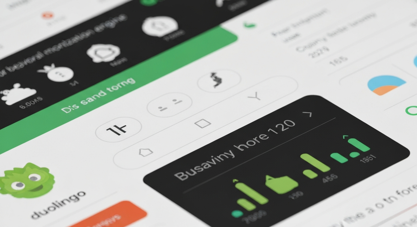 A close-up macro photograph of Duolingo's app interface, showing detailed usage metrics and engagement data visualized in a high-contrast, industrial style that conveys the power of the company's behavioral monetization tactics.