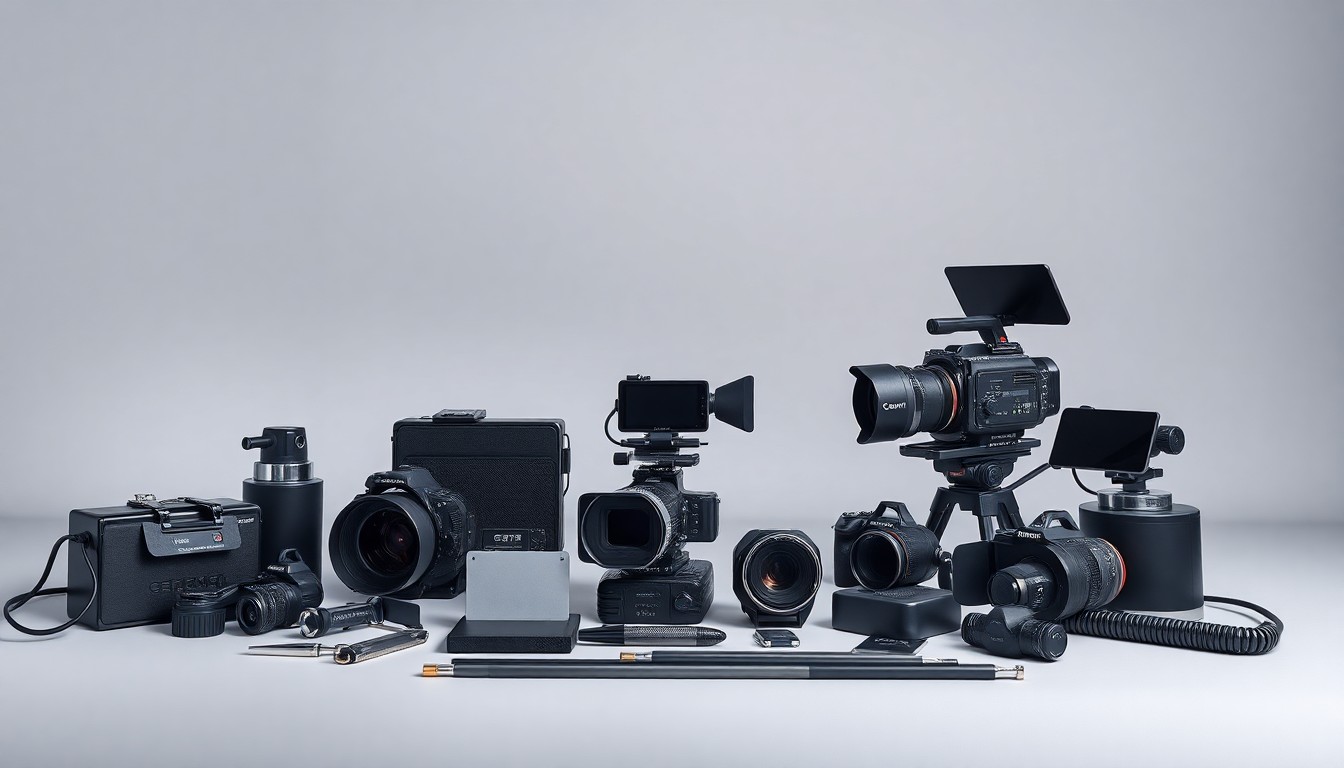 A minimalist studio still life photograph featuring a collection of high-end film production equipment and accessories arranged elegantly on a clean, monochromatic background, conceptually representing the economic and industrial aspects of the screen industry.