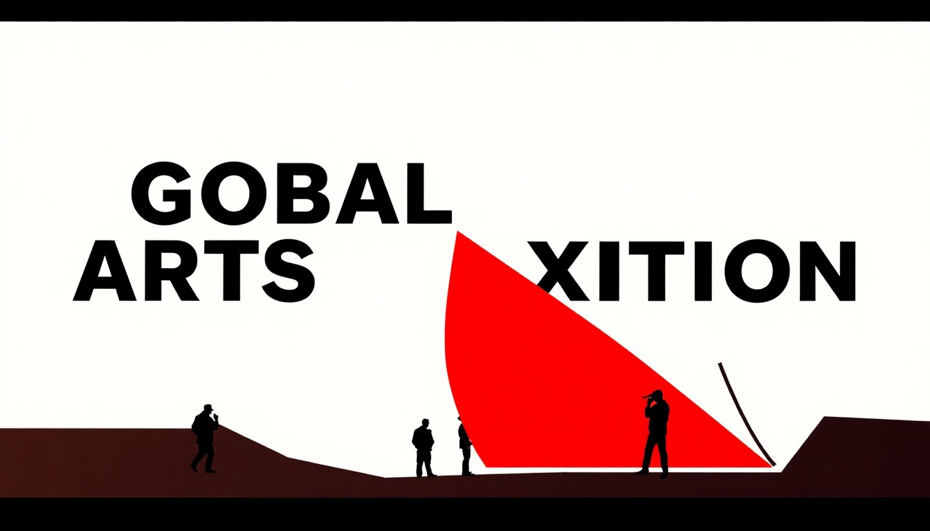 A bold, abstract composition of stark, jagged geometric shapes in red and white, conceptually representing the global reach and impact of an international arts exhibition.