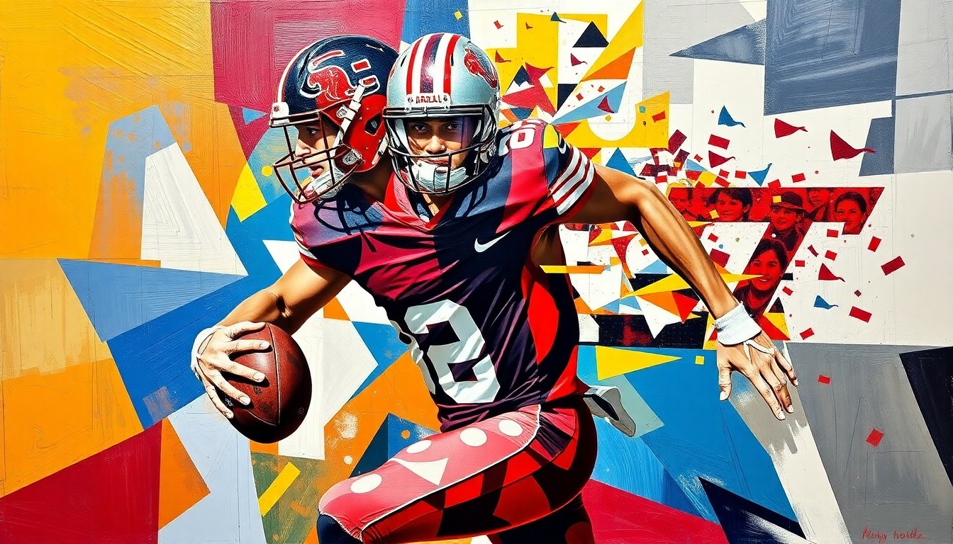 A cubist, geometric painting depicting a high school football player in dynamic motion, with sharp, overlapping planes of color representing the team colors of South Carolina and Virginia Tech.