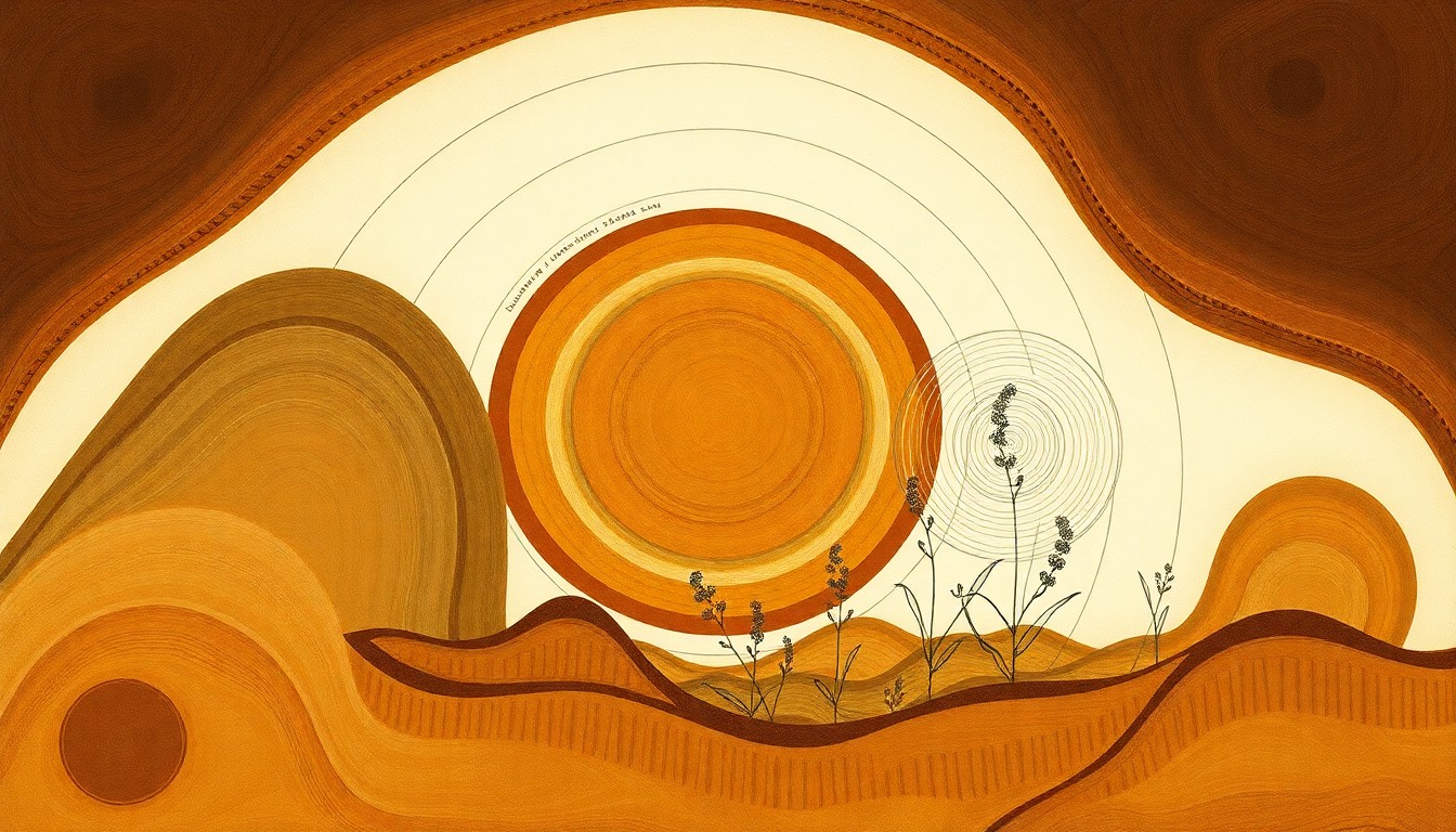 A bold, highly structured abstract painting in earthy tones, using sweeping geometric arcs, concentric circles, and precise botanical spirals to conceptually represent the complex interplay of fire, grazing, and plant recovery on a Western rangeland.