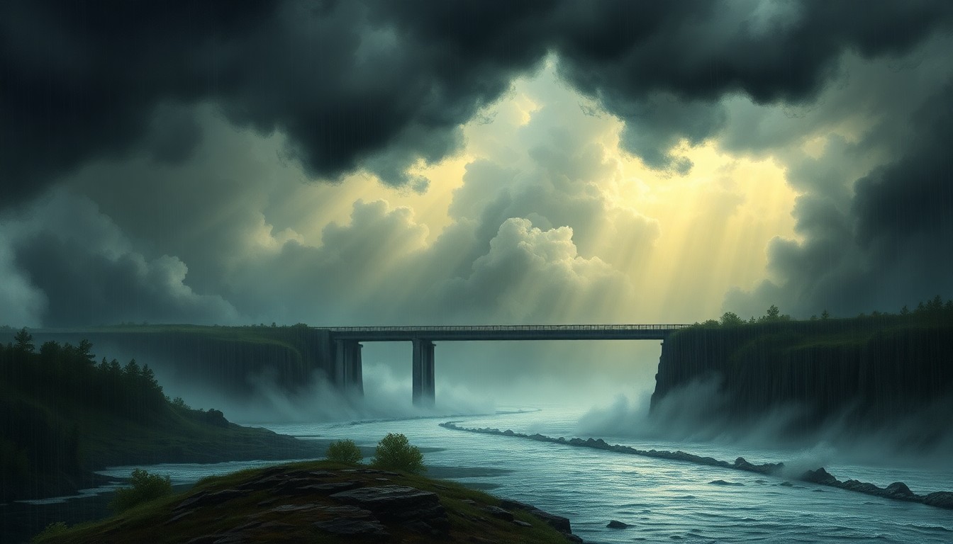 A sweeping, atmospheric landscape painting in muted blues, grays, and greens, depicting a partially obscured road or bridge disappearing into a vast, stormy horizon, conveying the sublime scale and power of the weather event.