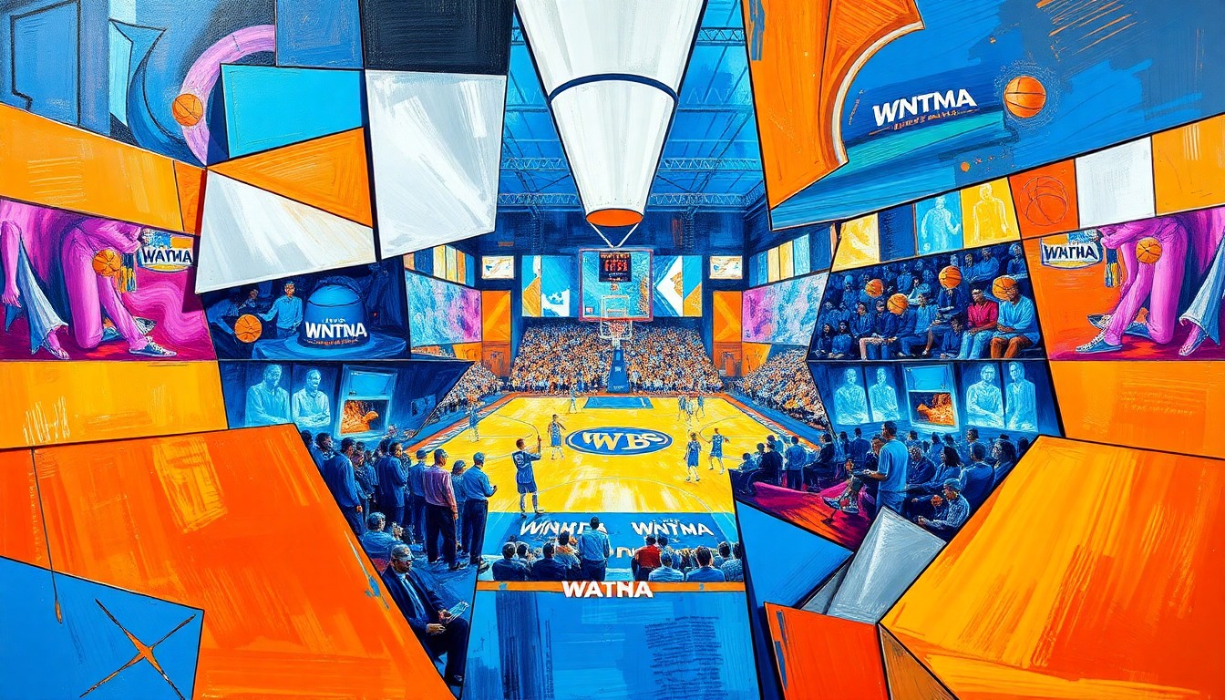 A cubist, geometric painting depicting fragmented basketball players and court elements in a dynamic, multi-angled composition, conveying the energy and shifting dynamics of a major WNBA trade.