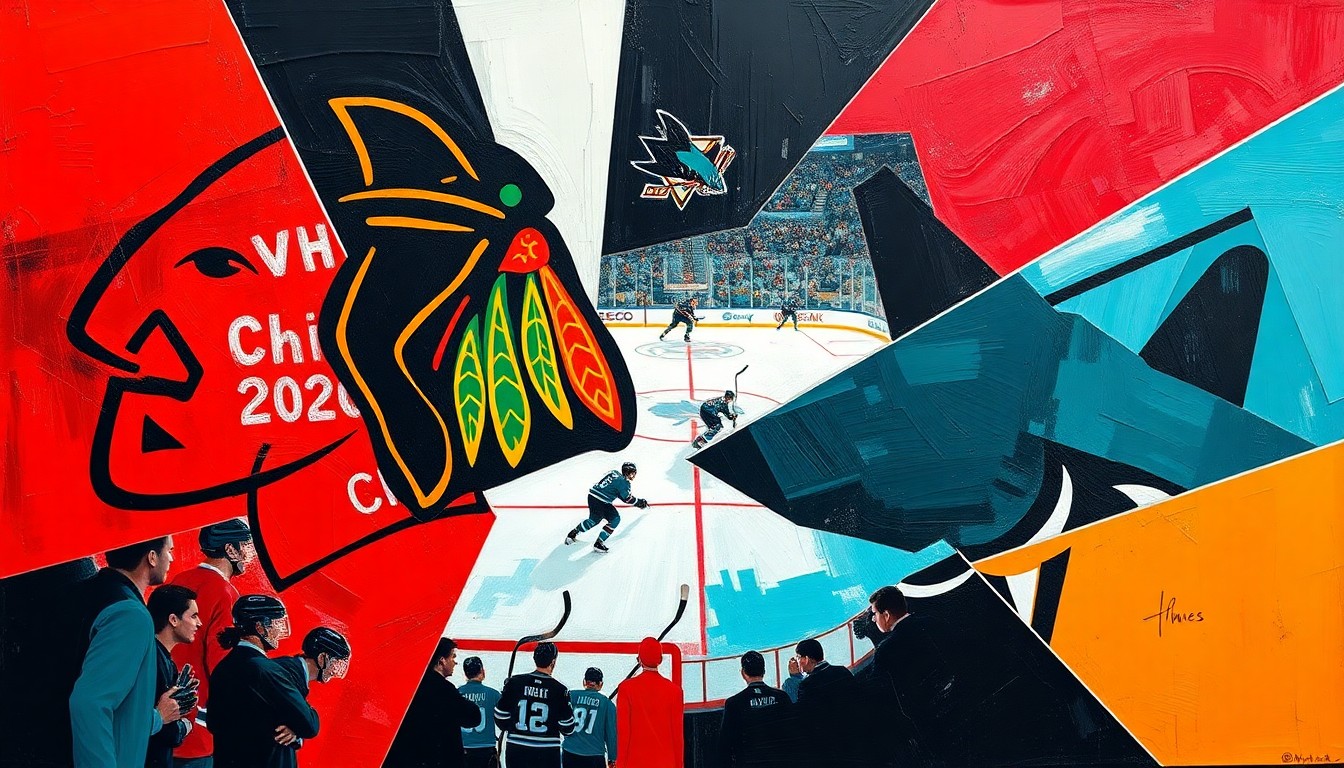 A fractured, geometric painting depicting a hockey game between the Chicago Blackhawks and San Jose Sharks, with sharp planes of color and overlapping perspectives capturing the intensity of the competition.