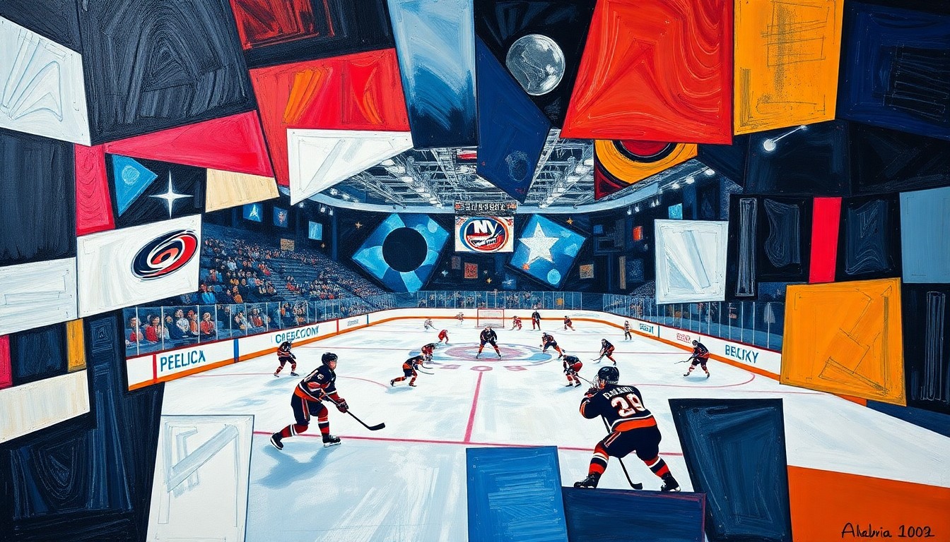 A fragmented, geometric painting depicting a hockey game between two teams, with the players and action broken down into sharp, overlapping shapes and planes of color, conveying the dynamic energy and competitive spirit of the divisional rivalry.
