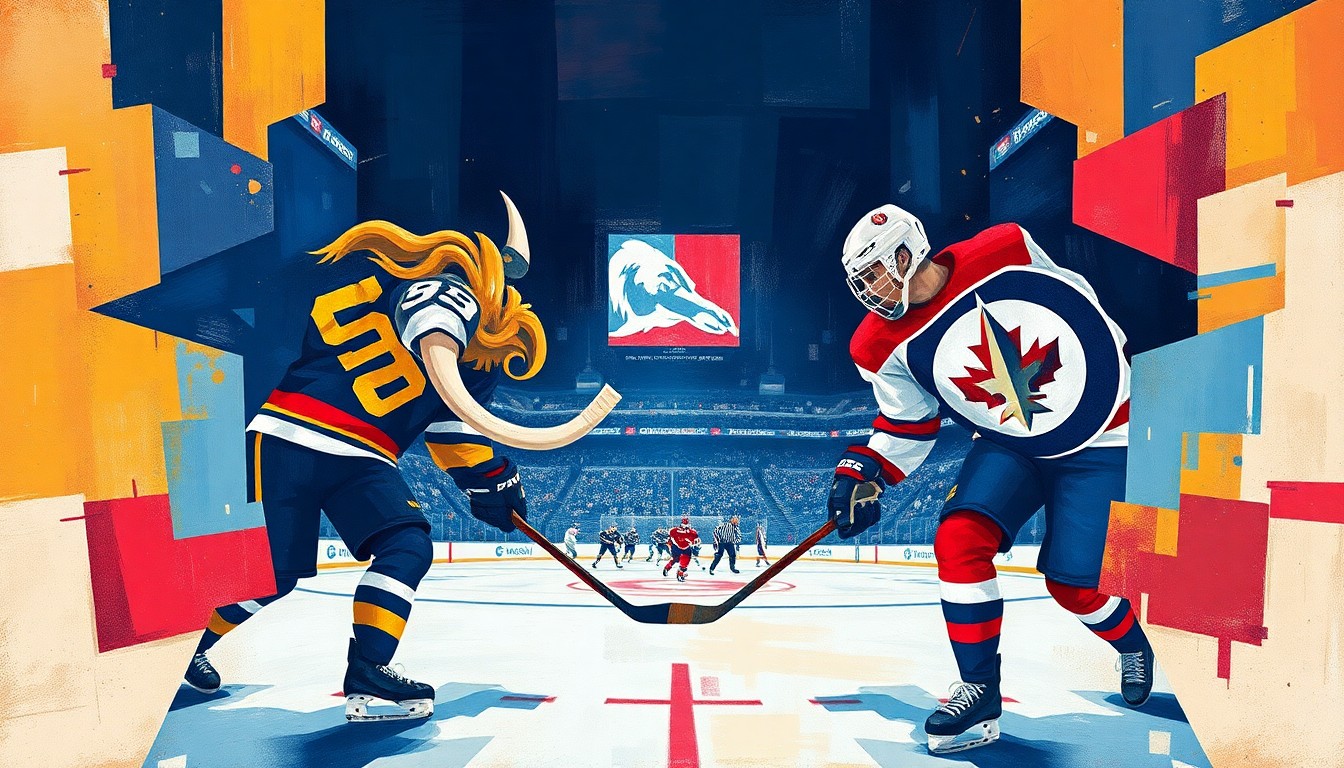 A fractured, cubist-style painting depicting a hockey game between the Utah Mammoth and Winnipeg Jets, with the players and action broken down into sharp, overlapping geometric shapes and planes in the teams' respective color schemes.