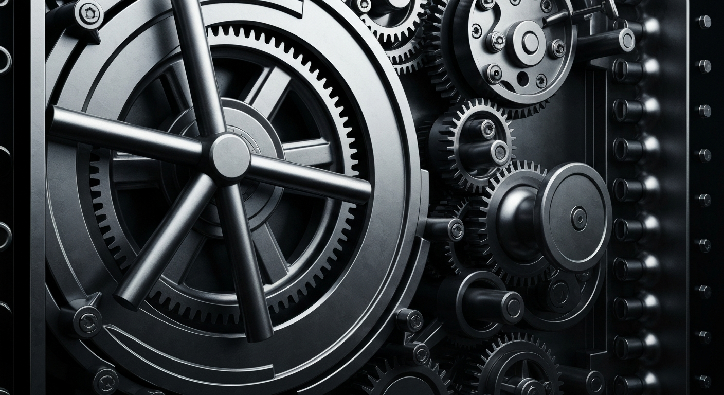 An extreme close-up of the intricate inner workings of a bank vault, with heavy steel gears, locks, and mechanisms in shades of gunmetal grey and black, conveying a sense of solidity, security, and the tangible weight of institutional finance.