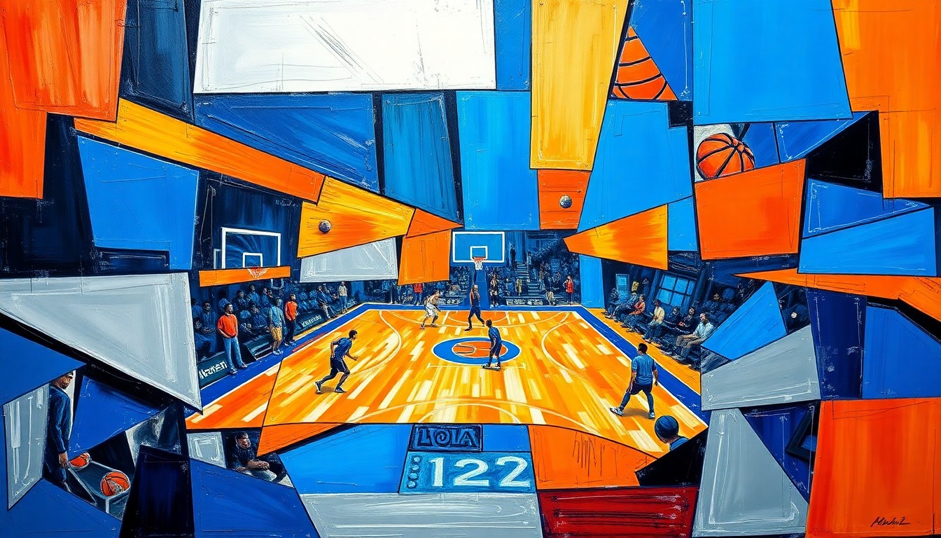 A fractured, cubist-style painting depicting a basketball game broken down into sharp, overlapping geometric shapes in vibrant colors, conceptually representing the complex decision facing the Nets about their star player's future.