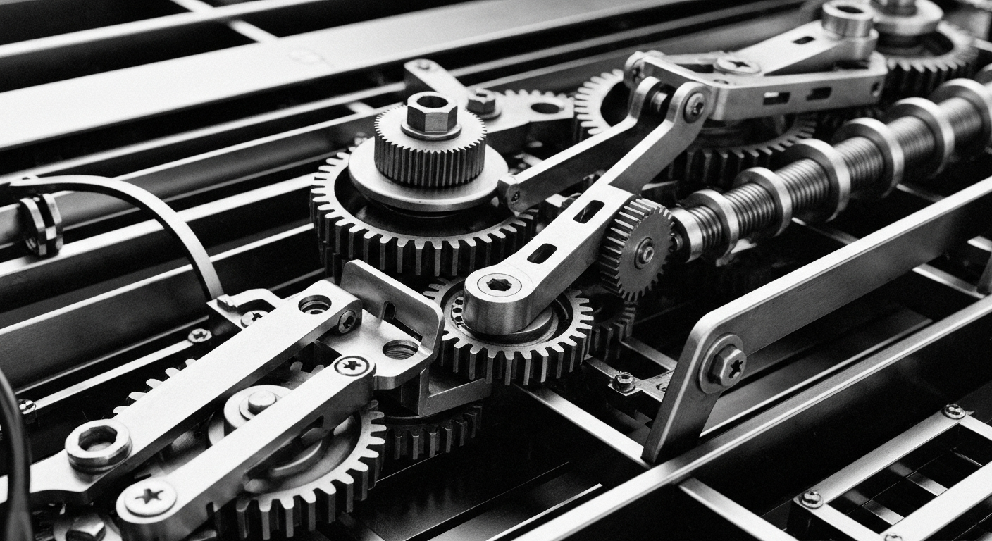 A high-contrast, cinematic close-up of the intricate mechanical components that make up the backend of Intuit's financial software systems, conveying the complex, industrial nature of modern fintech.