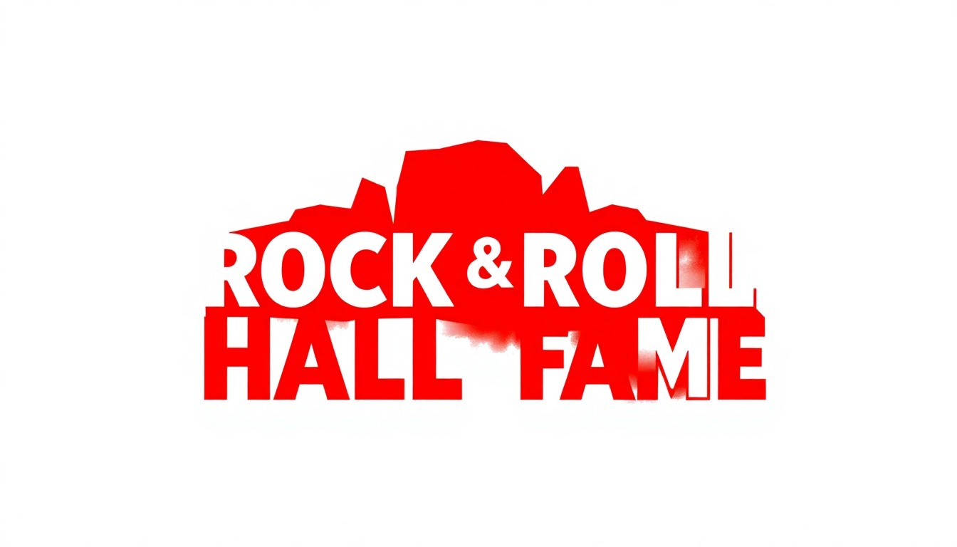 A striking, abstract composition of jagged, geometric shapes in bold red and white, conceptually representing the iconic Rock & Roll Hall of Fame brand or a famous rock musician.