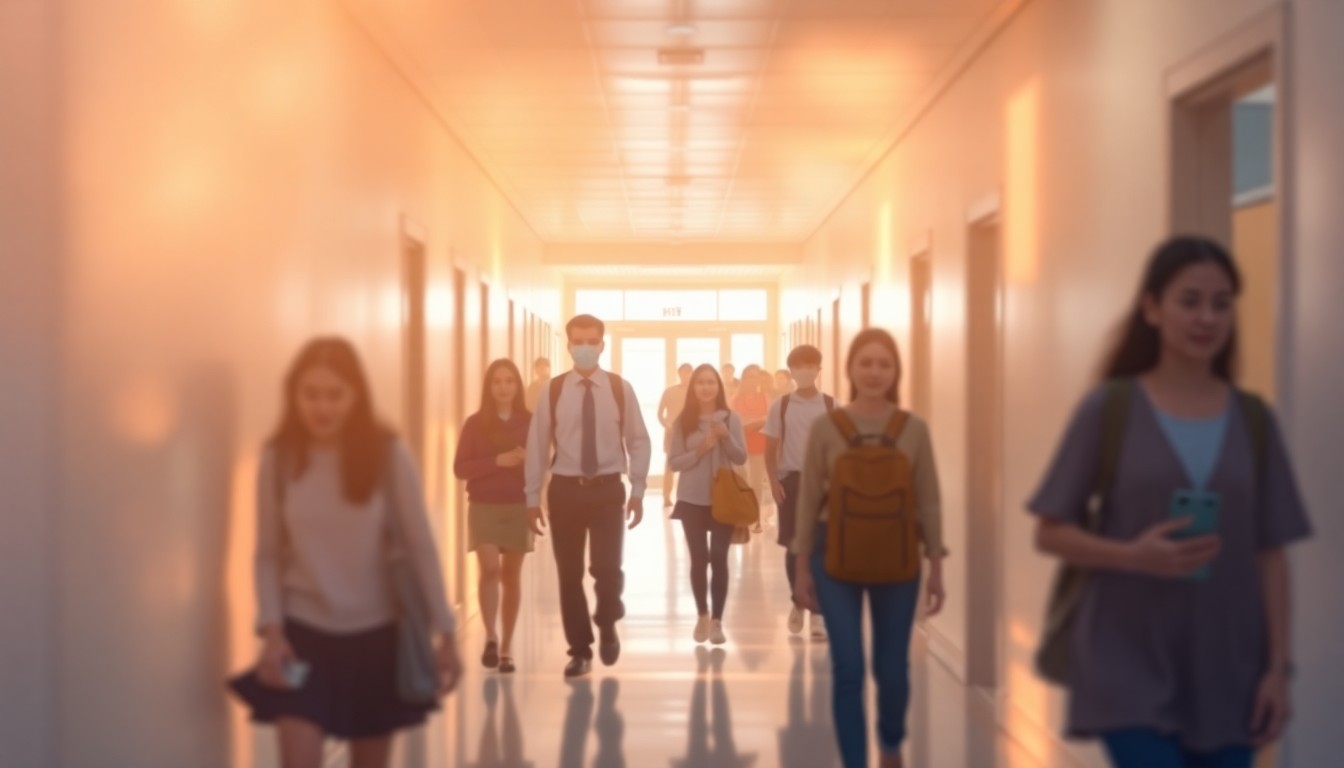 An abstract, out-of-focus scene of students and teachers moving through a school hallway, with soft, warm pools of light and color creating a dreamlike, atmospheric quality that captures the uncertainty and tension surrounding the ongoing labor negotiations.