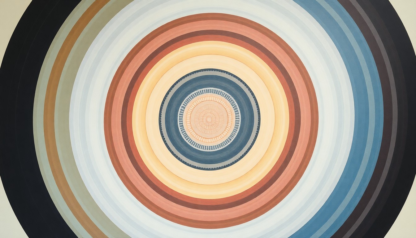 A highly structured abstract painting in soft blues, greens, and grays, featuring sweeping geometric arcs, concentric circular motifs, and precise molecular spirals, conceptually representing the interconnected nature of pharmaceutical research and drug discovery.