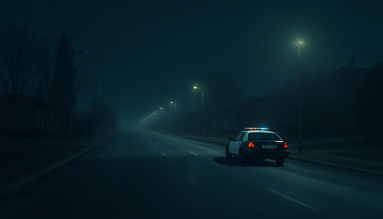 A moody, cinematic painting of a lone police car parked on a deserted street at night, with warm streetlights casting long shadows, conveying a sense of solitude and contemplation around issues of law enforcement and public trust.
