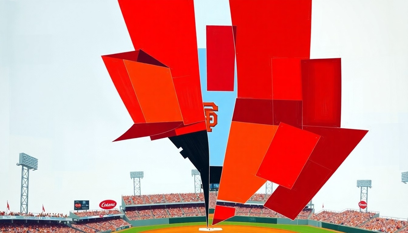 A fractured, multi-perspective painting depicting a baseball game between the Cincinnati Reds and San Francisco Giants, with sharp, overlapping geometric planes in vibrant red, orange, and black colors, capturing the dynamic energy of the sporting event.
