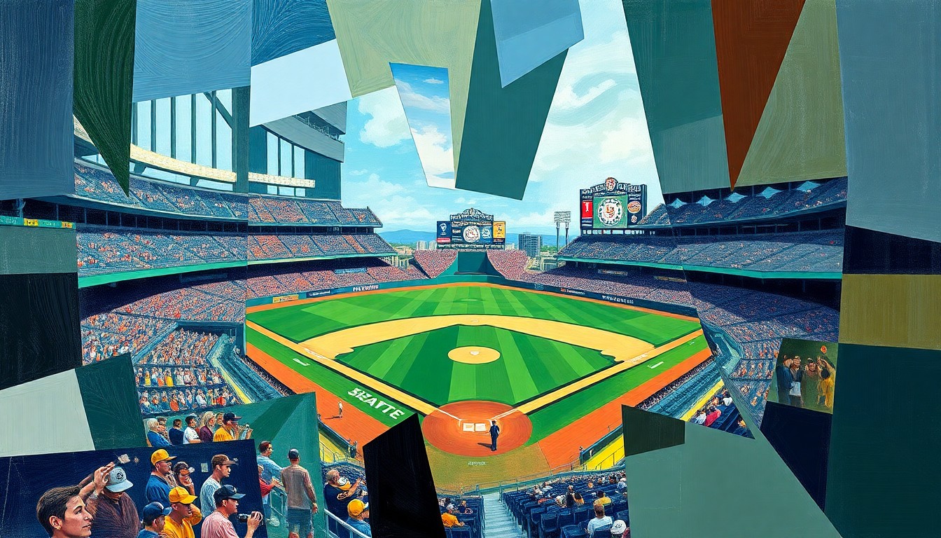 A fragmented, geometric painting depicting a baseball game between the Seattle Mariners and San Diego Padres, with players and the field broken down into sharp, overlapping shapes and planes of color.