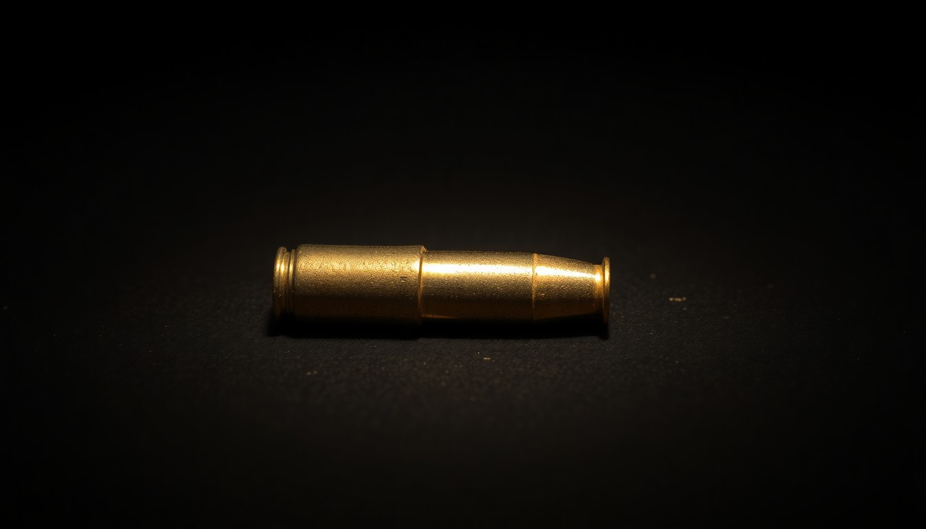 An extreme close-up of a single spent bullet casing on a dark, textured surface, capturing the gritty, investigative mood of this crime scene.