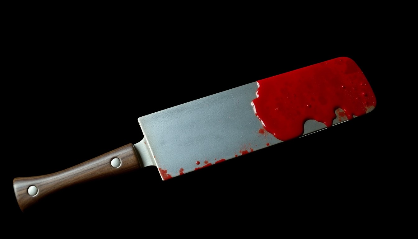 An extreme close-up photograph of a bloodied blunt object against a pitch-black background, conceptually illustrating the violent nature of the crime without depicting any actual violence or victims.