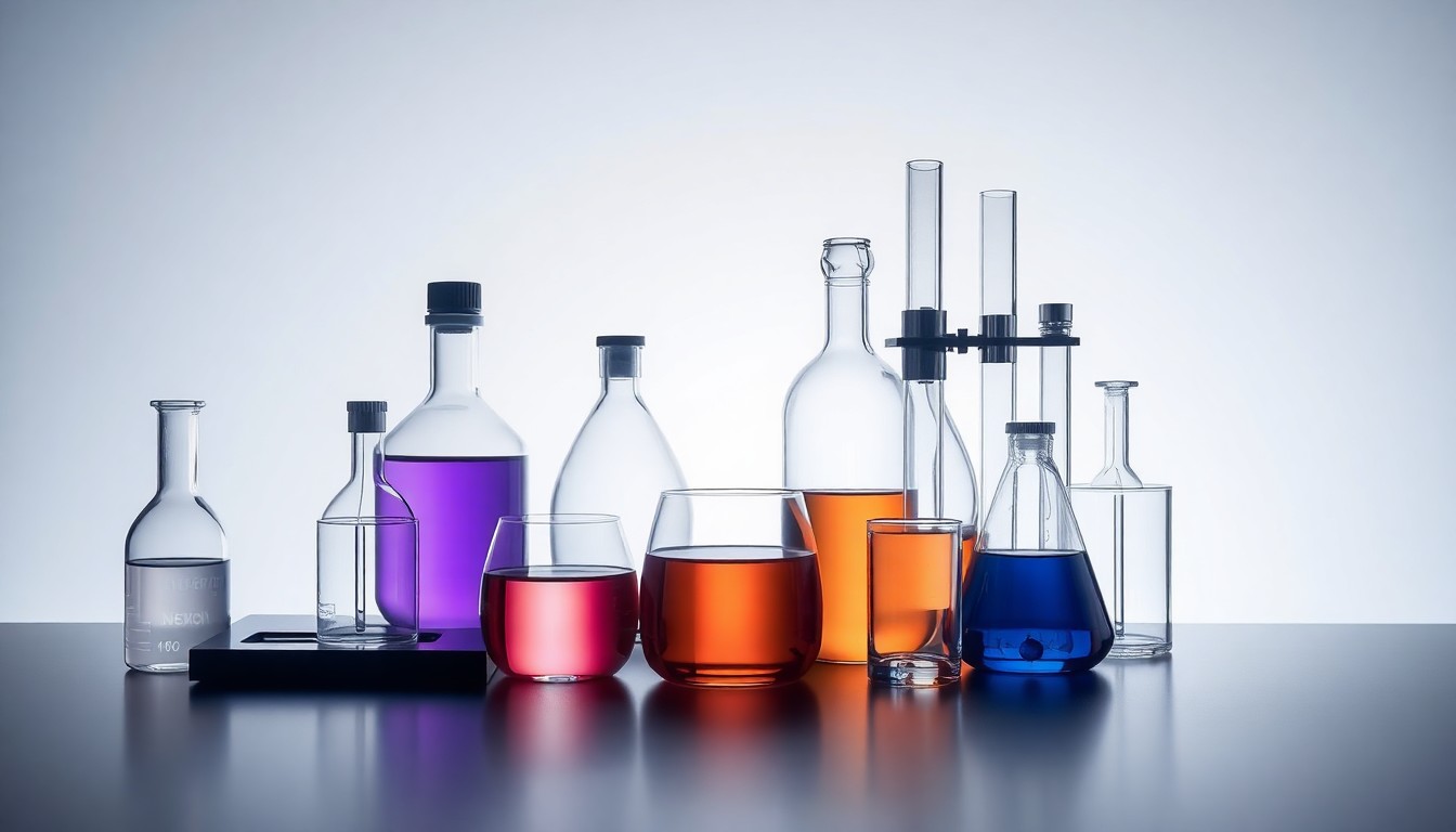 A photorealistic studio still-life photograph featuring a collection of polished, geometric laboratory glassware and equipment arranged elegantly on a clean, monochromatic background, conceptually representing the analytical testing expertise of CS Analytical Laboratory.
