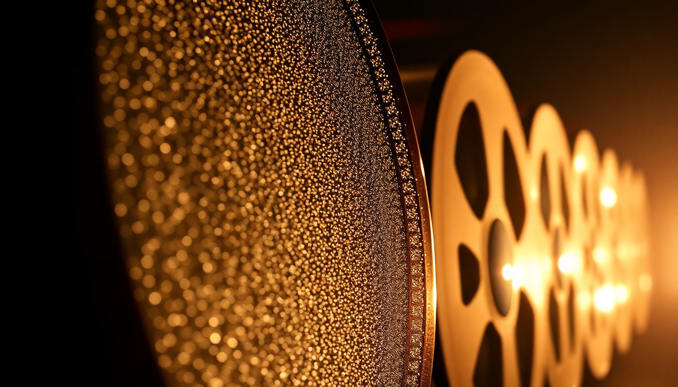 An extreme close-up of shimmering, glittering film reel textures in dramatic, high-contrast studio lighting, conveying the glamour and spectacle of the film industry.