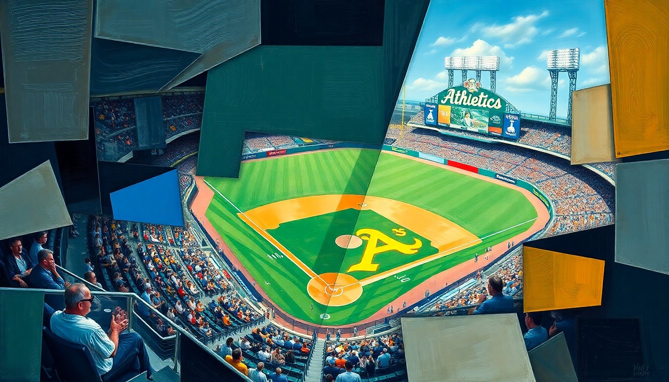 A cubist, geometric painting depicting a baseball game between the Texas Rangers and Oakland Athletics, with the players and field broken down into sharp, overlapping planes of color and shape.