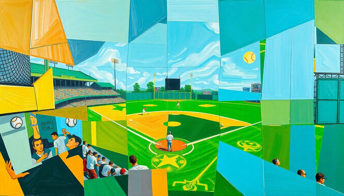 A fragmented, geometric painting in bold colors depicting the motion and energy of a softball game from multiple perspectives.