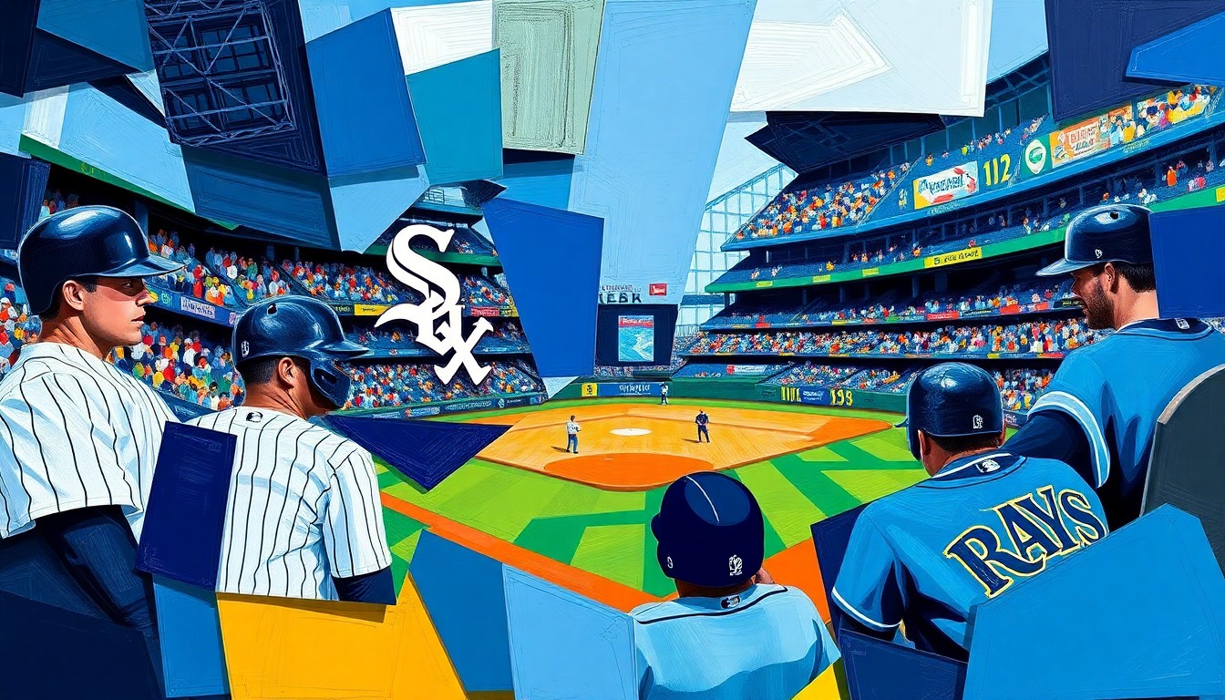 An abstract, cubist-style painting featuring overlapping geometric shapes and planes in the colors of the White Sox and Rays uniforms, capturing the energy and movement of a baseball game between the two teams.