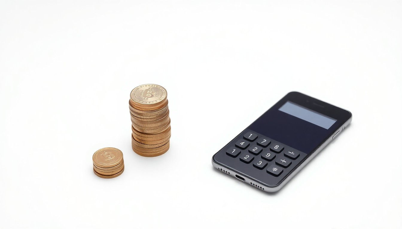 A photorealistic studio still life featuring a stack of coins, a calculator, and a smartphone on a clean, white background, symbolizing the affordability and accessibility of online transactions.