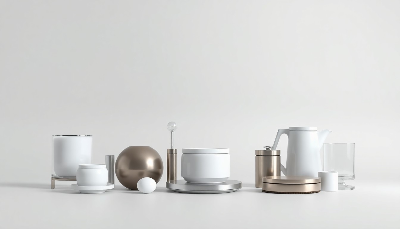 A high-end, photorealistic studio still-life photograph featuring a collection of polished, geometric objects in muted tones, conceptually representing the modern, energy-efficient features of the new homes at the Waters Farm community.