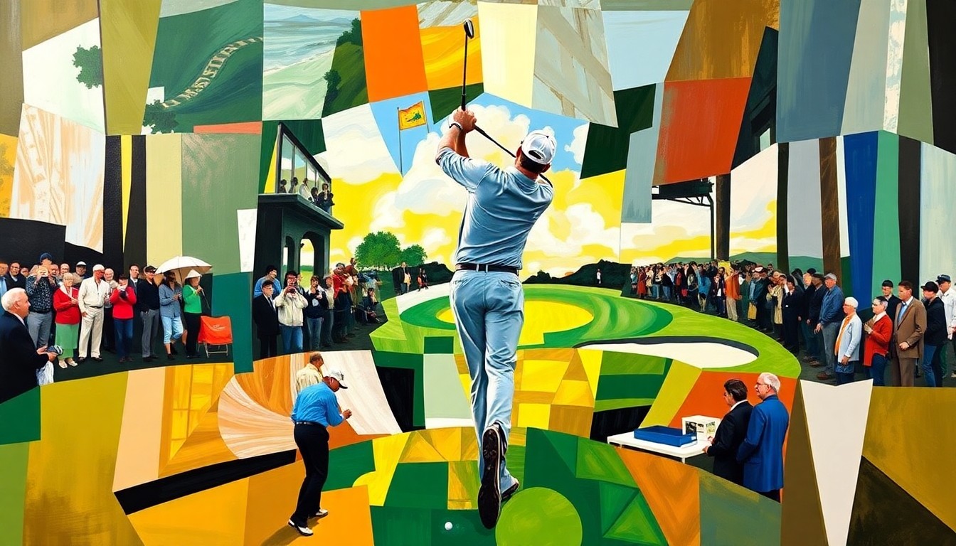 A fractured, multi-perspective painting depicting the final moments of Rory McIlroy's victory at the 2026 Masters, with his iconic swing and the Augusta National course breaking down into sharp, overlapping geometric planes that capture the raw energy and tension of the tournament's climax.