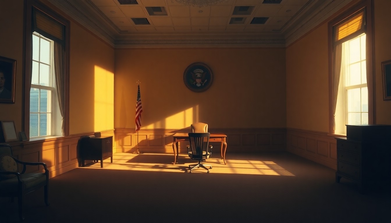 A dimly lit, cinematic painting of an empty congressional office with a single chair and desk, conveying a sense of solitude and transition.