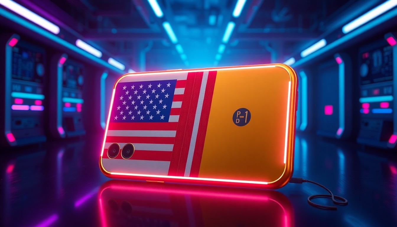 A highly detailed, glowing 3D macro illustration of a gold smartphone with an American flag design, its camera lenses illuminated by neon cyan and magenta lights against a dark, futuristic backdrop, conceptually representing the blend of patriotic branding and high-tech innovation in the Trump Mobile T1 Phone.