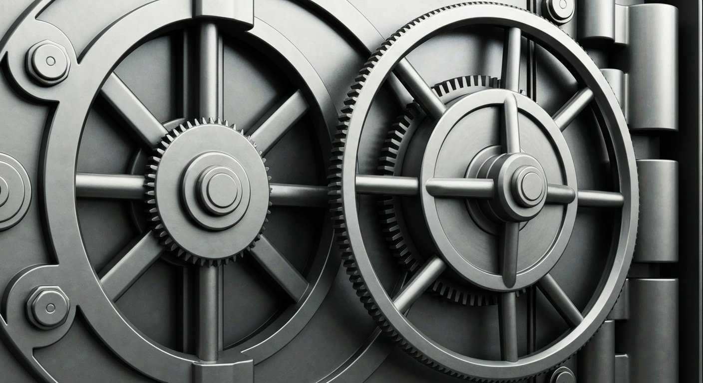 An extreme close-up of the complex, heavy-duty mechanisms of a bank vault door, conveying a sense of the tangible security and solidity of financial institutions.