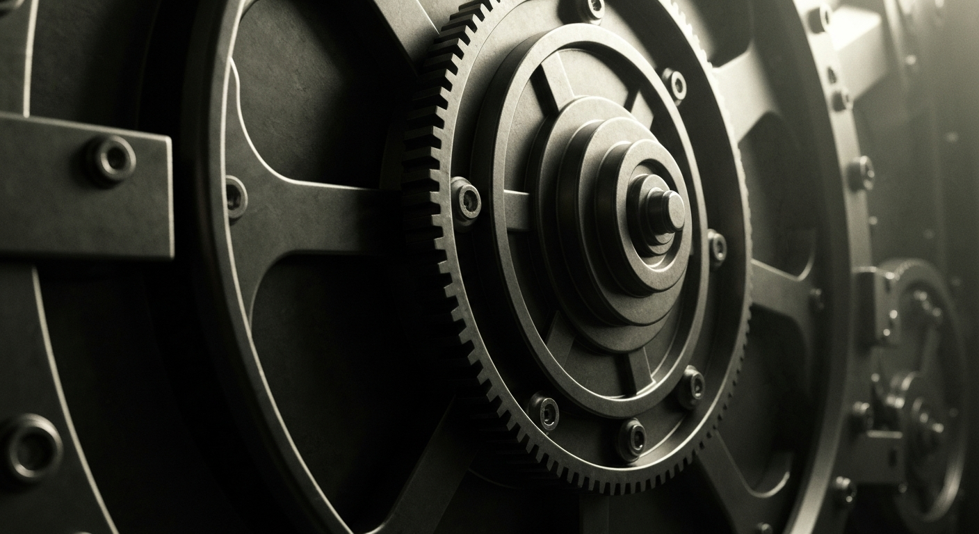 An extreme close-up of the heavy, industrial machinery and gears that make up the inner workings of a bank vault door, conveying a sense of strength, stability, and security.