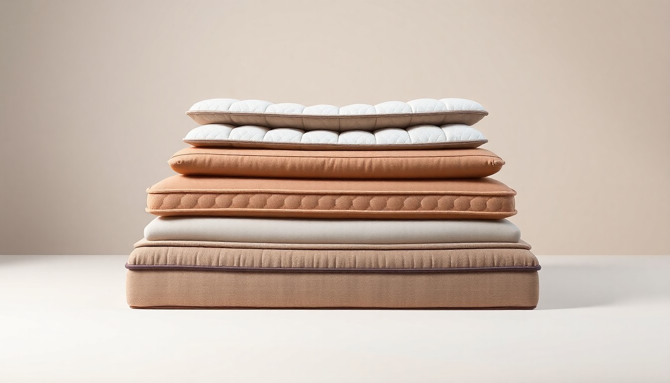 A photorealistic studio still life featuring a stack of plush mattress toppers in muted earth tones, representing the bedding products at the center of a proposed corporate acquisition.