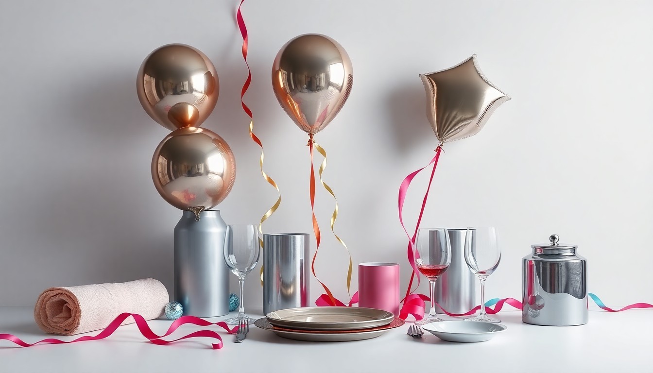 A high-end, photorealistic studio still-life photograph featuring a clean, monochromatic background with a carefully arranged composition of premium party supplies, including metallic balloons, colorful streamers, and elegant tableware, conceptually representing the abstract concepts of celebration, creativity, and sustainability.