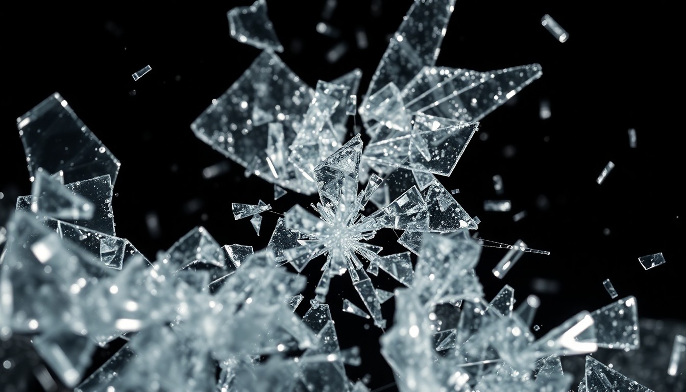 An extreme close-up of shattered glass reflecting bright light, conveying the fragility and resilience of the human experience through an abstract, high-contrast visual metaphor.