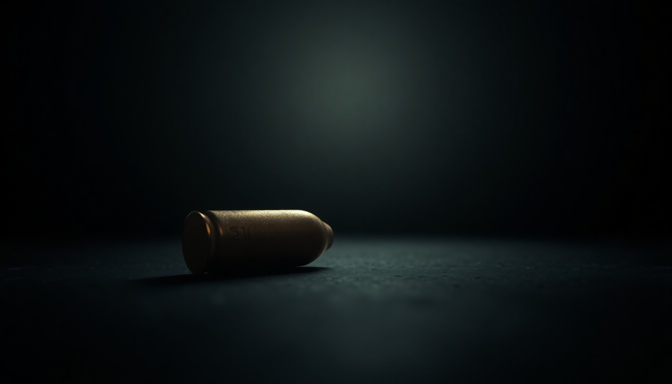 An extreme close-up photograph of a single spent bullet casing on a dark surface, lit by a harsh, direct camera flash, conceptually illustrating the tragic aftermath of a shooting incident.