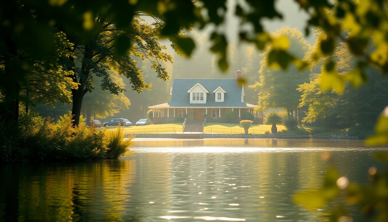 A soft, blurred photograph of a lakefront home surrounded by greenery, with the water visible in the background, conveying a sense of peaceful, luxurious living.