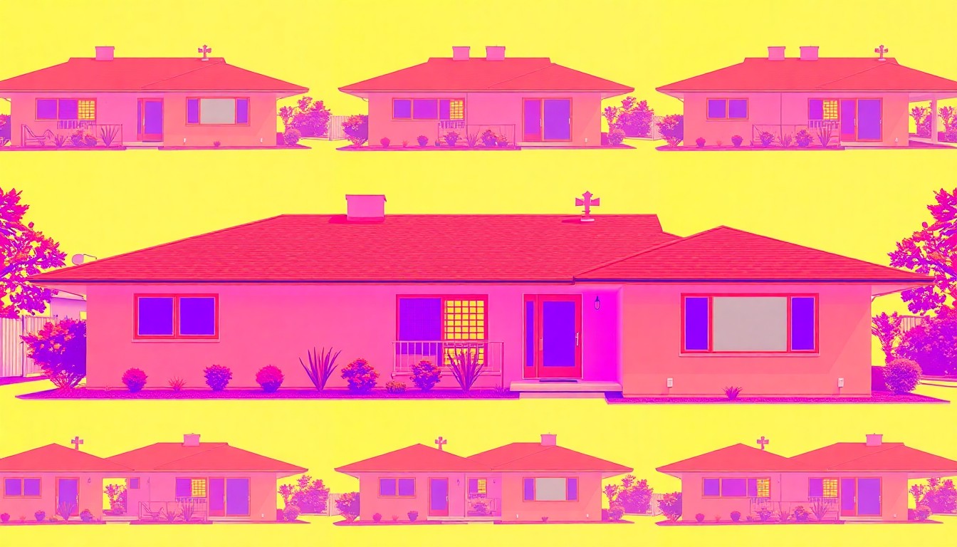 A highly stylized, abstracted illustration of a single modern ranch home exterior, rendered in a bold, neon color palette and overlapping black outlines in the style of Andy Warhol's pop art, conceptually representing the contemporary design and desirable location of the property.