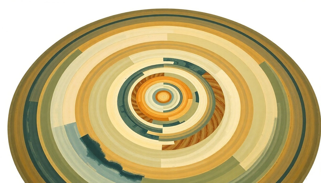 An abstract painting featuring sweeping geometric shapes, concentric circles, and intersecting waveforms in earthy tones of green, brown, and blue, conceptually representing the complex forces and structures underlying fusion energy technology.