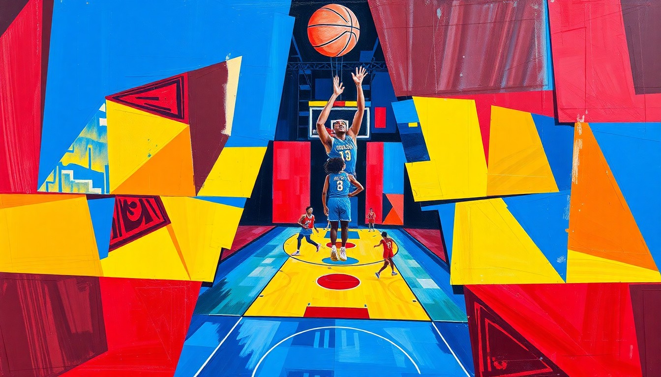 A cubist, geometric painting depicting the dynamic movements and energy of a women's basketball game, with sharp, overlapping shapes in a vibrant color palette.