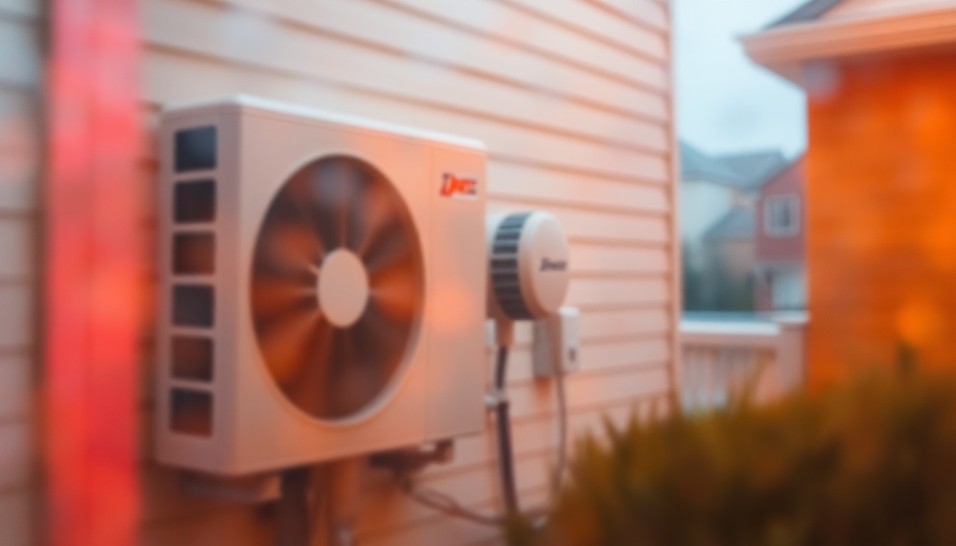 An extremely blurred, impressionistic photograph showing the outline of a heat pump unit mounted on the side of a home, with the surrounding area obscured in a warm, soft glow of light and color.