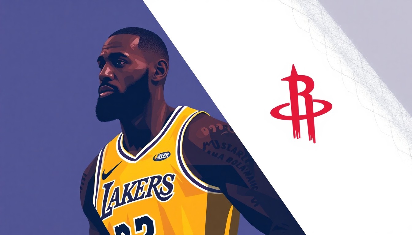 A cubist, geometric painting depicting the high-stakes playoff matchup between the Lakers and Rockets, with sharp, overlapping planes of color and form representing the unpredictable nature of the postseason.