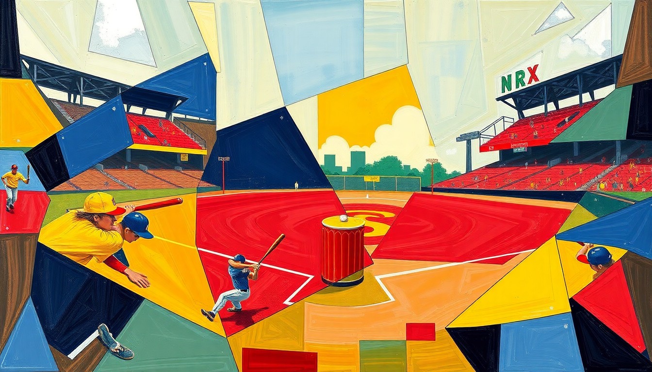 A fractured, multi-perspective painting in bold, overlapping geometric shapes and planes of color, conceptually representing the dynamic action and competitive spirit of a high school softball game.