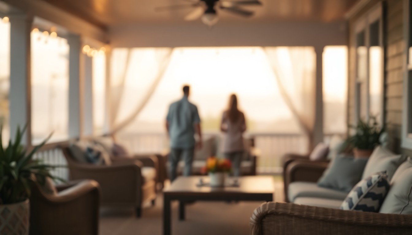 An extremely abstracted, out-of-focus photograph in warm, earthy tones depicting a cozy, inviting outdoor living space with blurred figures in the background, conveying a sense of peaceful, private luxury.