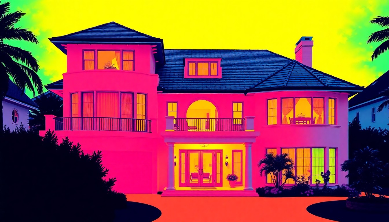 A brightly colored, high-contrast silkscreen print of a luxury home exterior, repeated in a tight grid pattern, conceptually representing the unique features and design of the property.